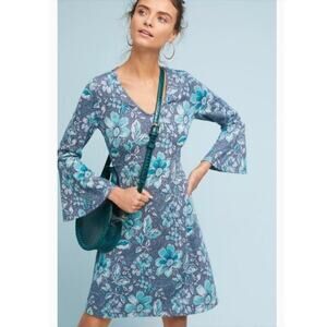 Maeve Anthropologie Florence Knit Swing Dress Boho Blue Floral Bell Sleeve MP